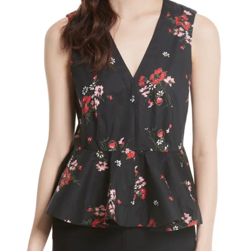 Rebecca Taylor Marguerite Floral Poplin Peplum Top Black Red Pink Print